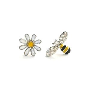 NWT small flower and bee stud earrings enamel and cz in Sterling Silver